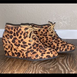 Bamboo, wedge leopard ankle bootie